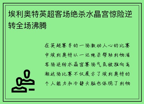 埃利奥特英超客场绝杀水晶宫惊险逆转全场沸腾 埃利奥特英超客场绝杀水晶宫惊险逆转全场沸腾