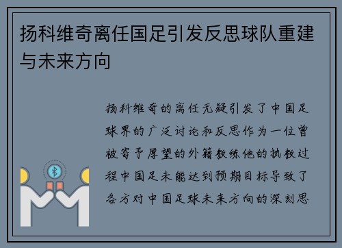 扬科维奇离任国足引发反思球队重建与未来方向 扬科维奇离任国足引发反思球队重建与未来方向